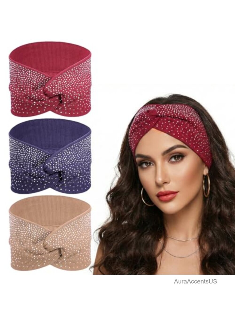 Rhinestone Wide Headbands for Women 3 Pcs Crystal Elastic Turban Hair